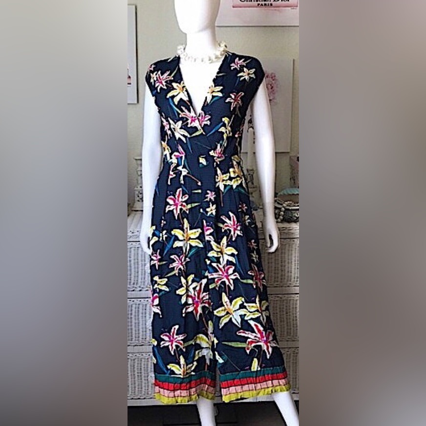 Anthropologie Bl'nk Jumpsuit Low Cut Revealing Floral Print Midnight Blue Size S